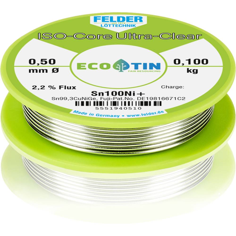 Felder Löttechnik ISO-Core Ultra-Clear Sn100Ni+ Soldeertin, loodvrij Spoel Sn99,25Cu0,7Ni0,05 0.100 kg 0.5 mm