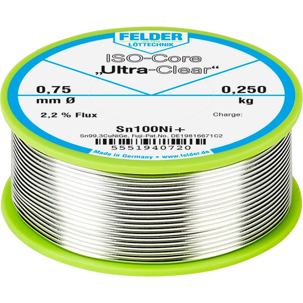 Felder Löttechnik ISO-Core Ultra-Clear Sn100Ni+ Soldeertin, loodvrij Spoel Sn99,25Cu0,7Ni0,05 0.250 kg 0.75 mm