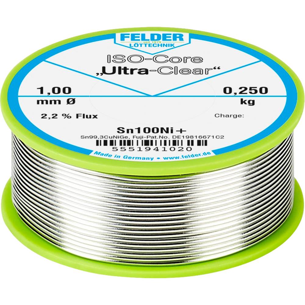 Felder Löttechnik ISO-Core Ultra-Clear Sn100Ni+ Soldeertin, loodvrij Spoel Sn99,25Cu0,7Ni0,05 0.250 kg 1 mm