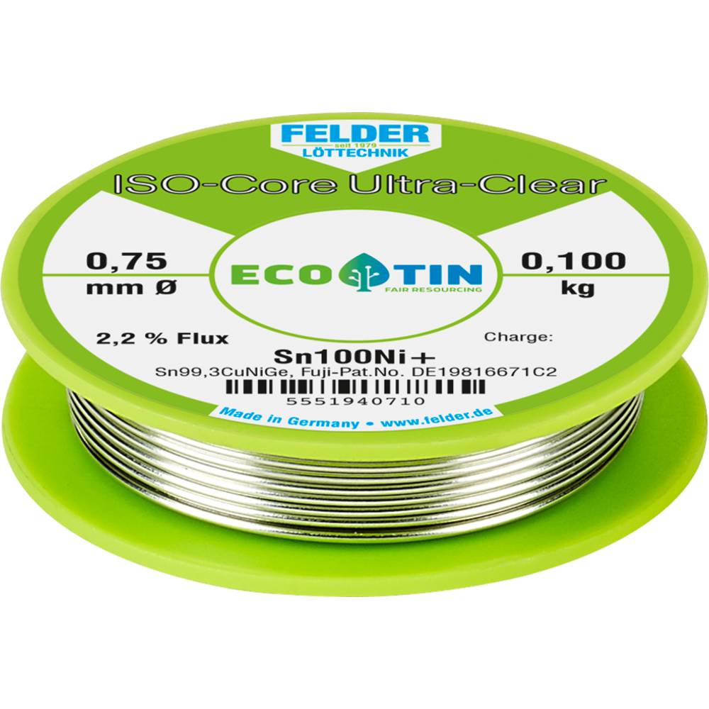 Felder Löttechnik ISO-Core Ultra-Clear Sn100Ni+ Soldeertin, loodvrij Spoel Sn99,25Cu0,7Ni0,05 0.100 kg 0.75 mm
