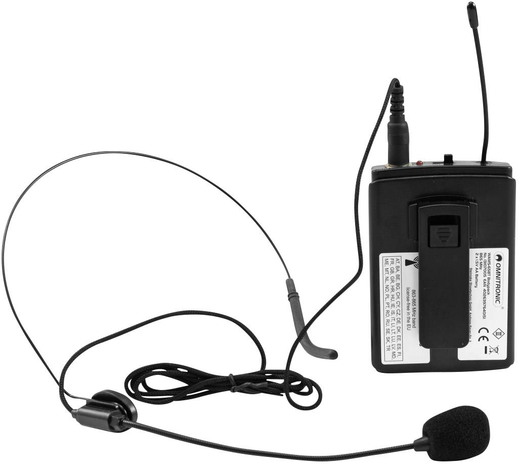 Een draagbare microfoonset met een headset-microfoon en een draadloze zender, geschikt voor presentaties of podiumoptredens.