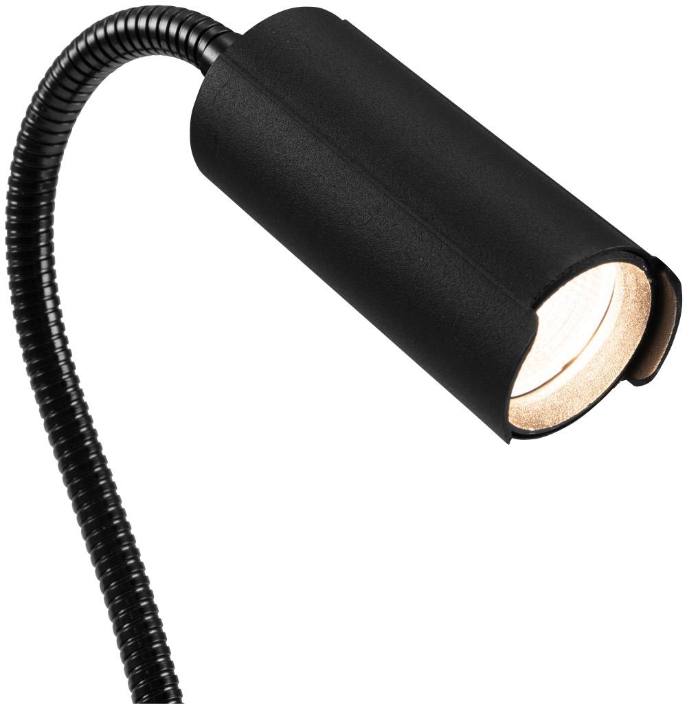 Zwarte leeslamp met flexibele hals en cilindrische kop. De lamp geeft warm licht en is geschikt voor gerichte verlichting.