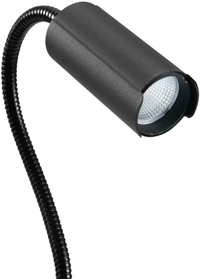 Zwarte, flexibele zwanenhalslamp met cilindrische kop, geschikt voor gerichte verlichting.
