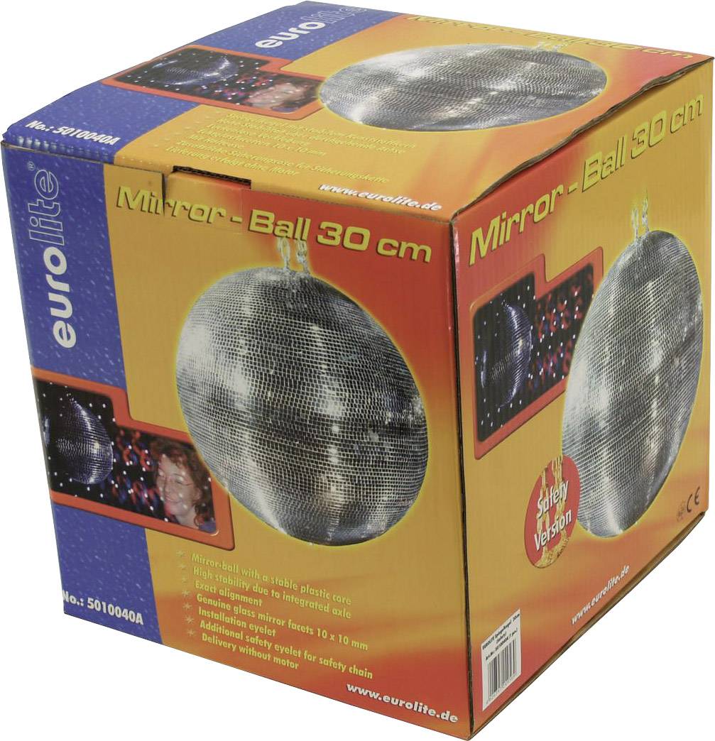 Verpakking van een 'Mirror-Ball 30 cm' met afbeeldingen en informatie over de discobal. Bevat veiligheidsdetails en merknaam 'eurolite'.