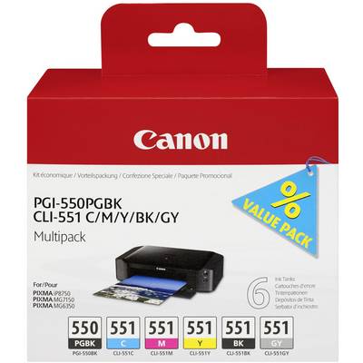 Canon inktpatronen Multipack PGI-550/CLI-551 voor printer, met zes patronen in verschillende kleuren. Verpakking met 'Value Pack' opdruk.