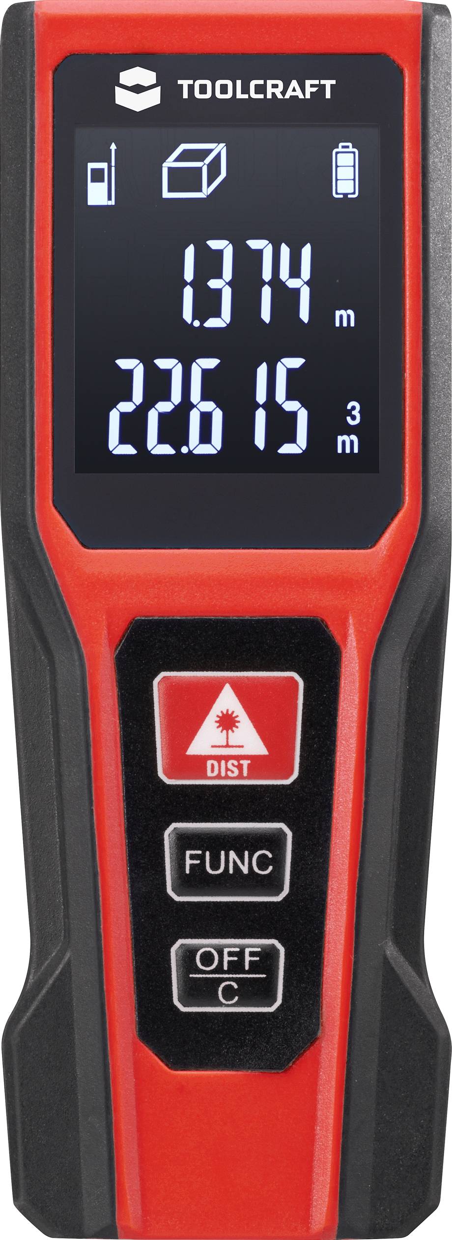 Een rood laser-afstandsmeetapparaat toont '1,374 m' en '22,615 m²' op het display. Bovenaan een batterij- en meetpictogram.
