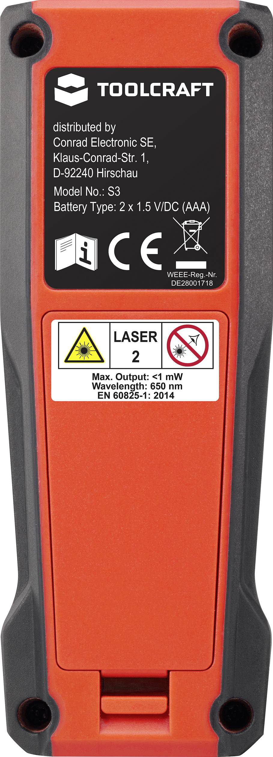 Achterkant van een laserhulpmiddel met modelnummer S3. Toont batterij- en waarschuwingsinstructies evenals fabricagegegevens van Conrad Electronic SE.