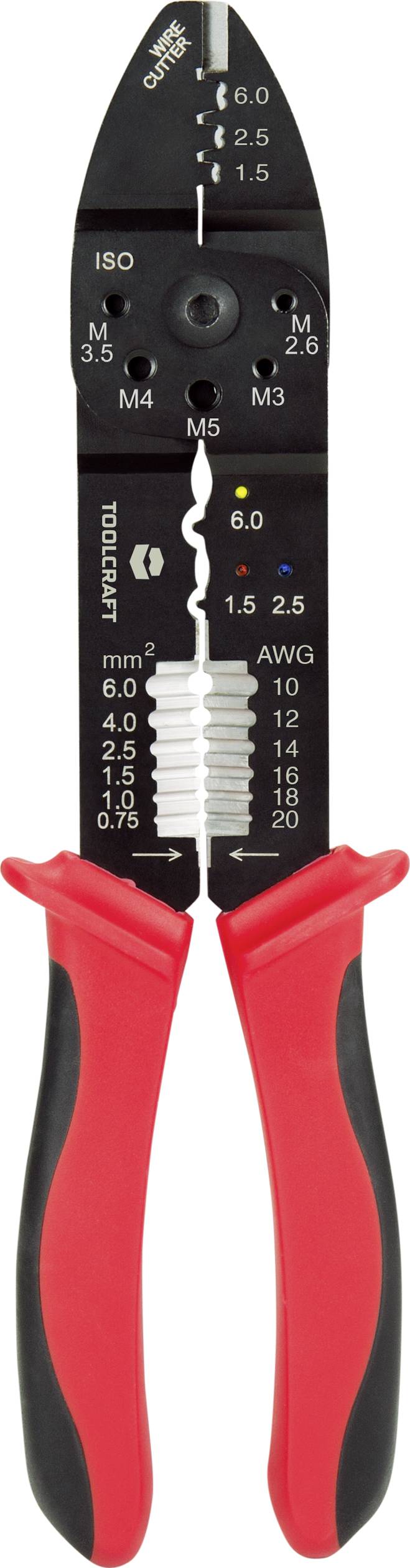 Tang met rode handgreep en schaal voor verschillende draaddiameters en schroefmaten.