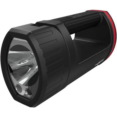 Zwarte zaklamp met rode accenten, kunststof behuizing, twee lichtbronnen en een ergonomische handgreep.
