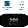 Zwart laadapparaat met een USB-poort. Tekst: 'Ultra snel laden, 18 Watt vermogen, Qualcomm quick charge 3.0'.