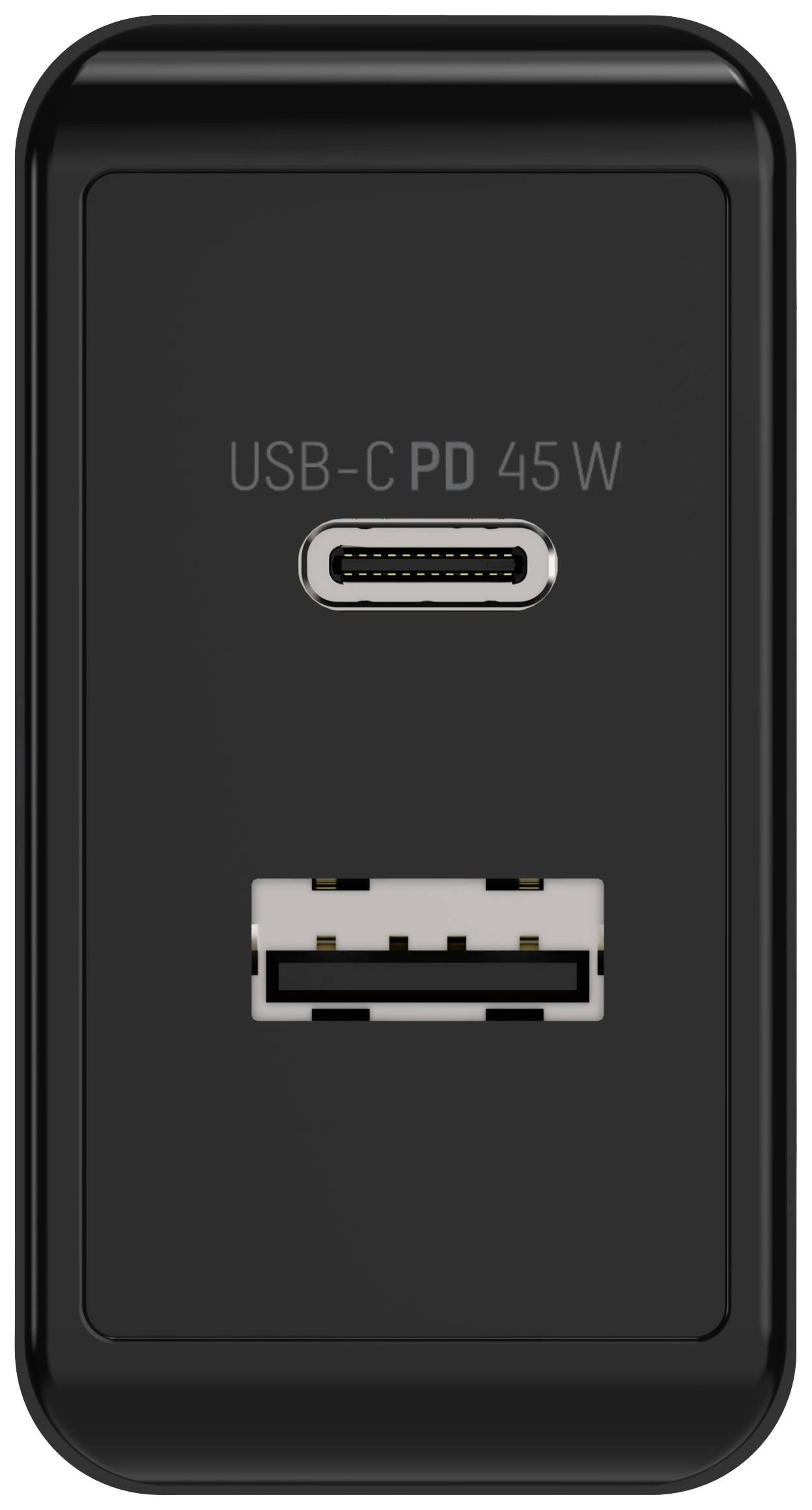 Een zwart oplaadapparaat met een USB-C-aansluiting die 'PD 45W' ondersteunt, en daaronder een conventionele USB-aansluiting.