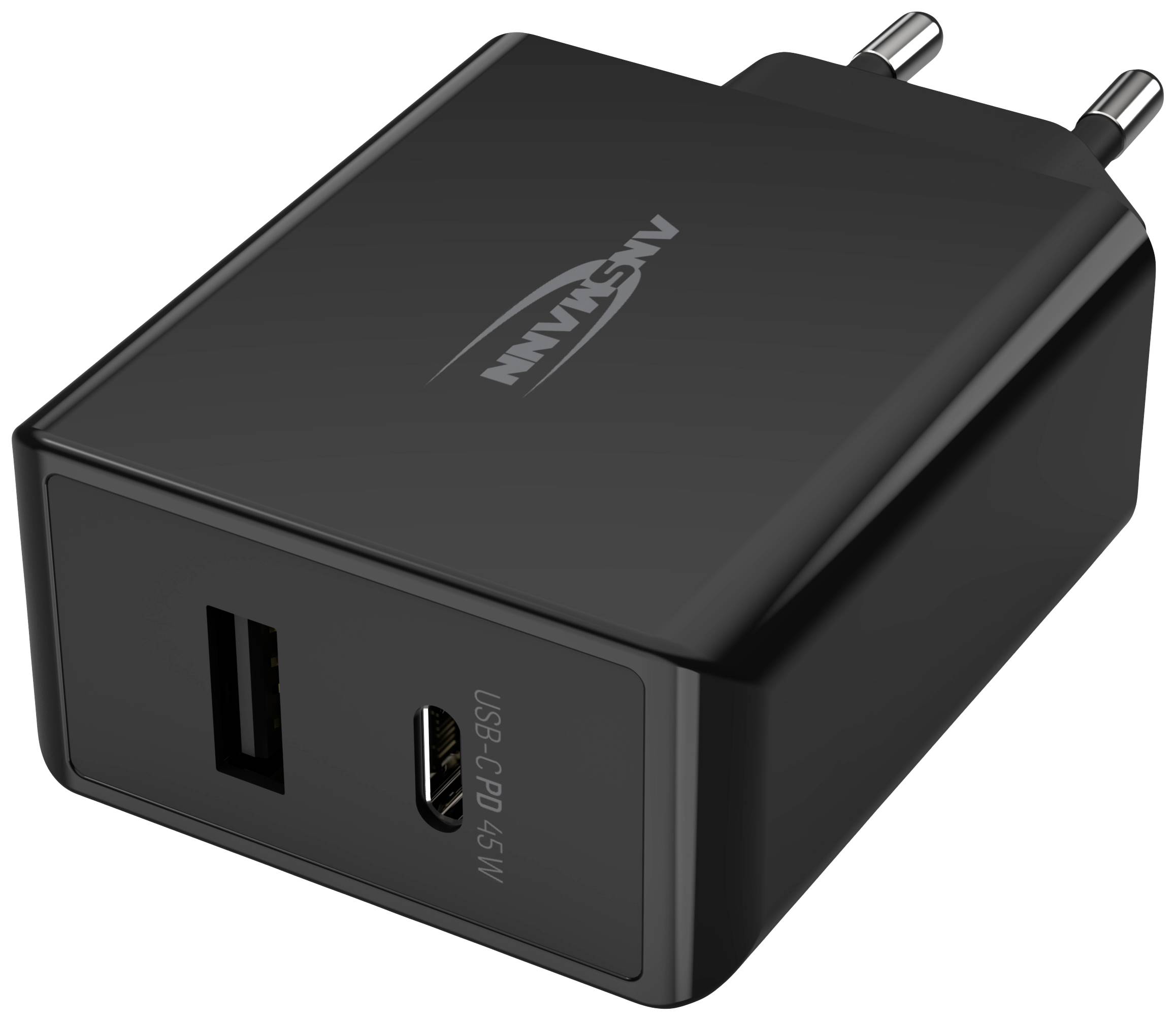 Zwart USB-oplaadapparaat met twee aansluitingen: USB-A en USB-C. Tekst op het apparaat: 'USB-C PD 45W'.
