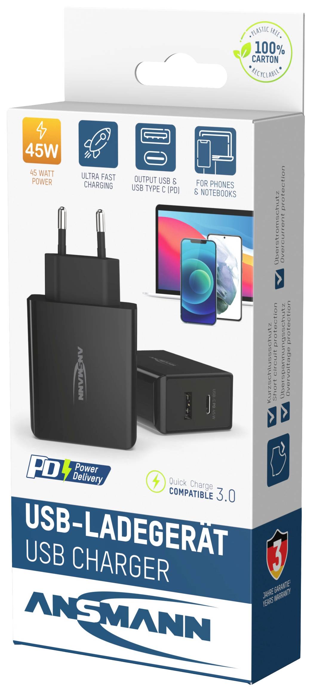 Verpakking van een 45W USB-oplader met twee USB-C en USB-A poorten, geschikt voor smartphones en notebooks.