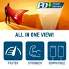 Een superheld met een rode mantel staat voor een stadssilhouet bij zonsondergang. Rechtsboven het logo 'PD Power Delivery'. Daaronder symbolen met de woorden 'Sneller', 'Sterker', 'Compatibel'.