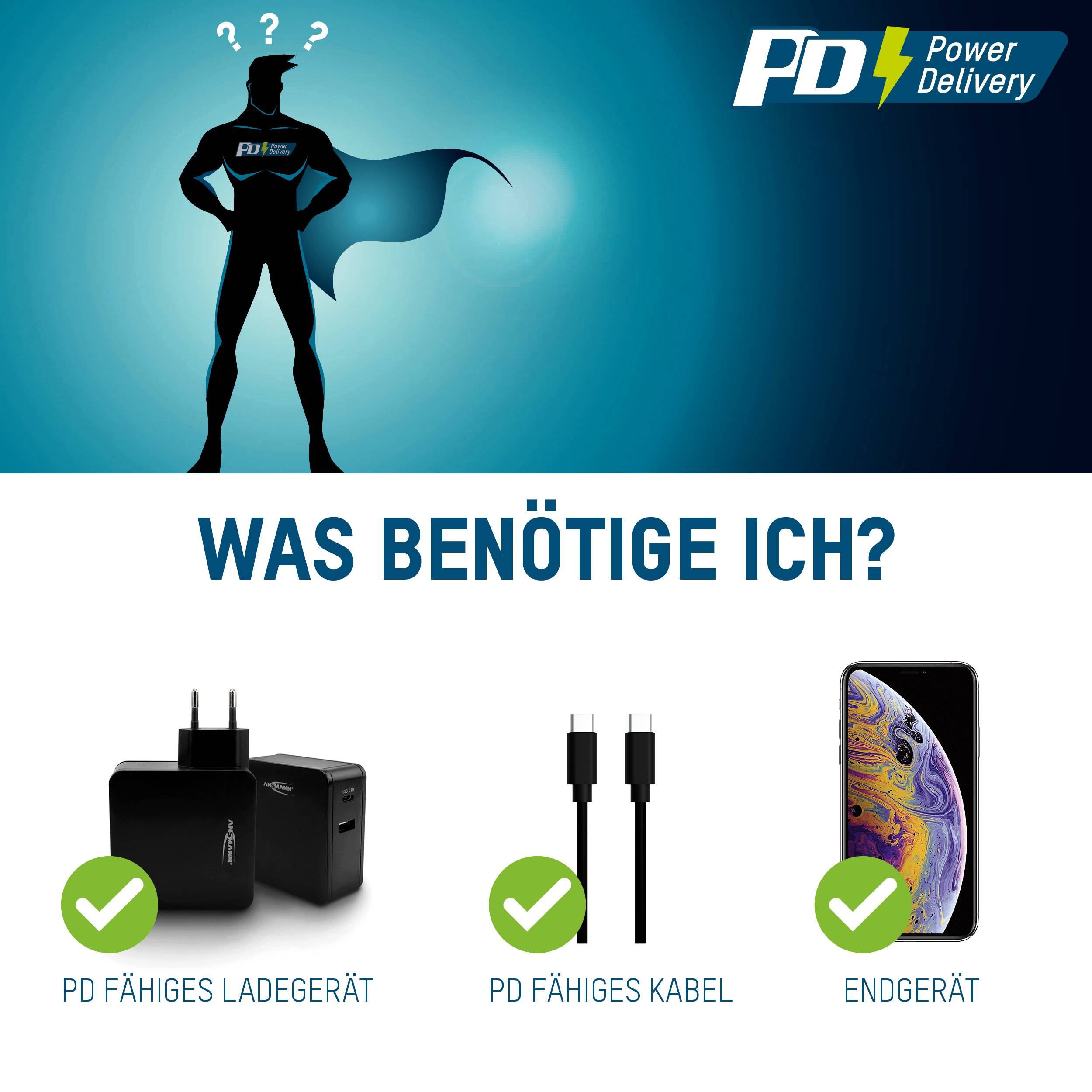 'Superhelden-symbool voor Power Delivery. Daaronder: Wat heb ik nodig? PD-compatibel oplader, PD-compatibel kabel, eindapparaat.'