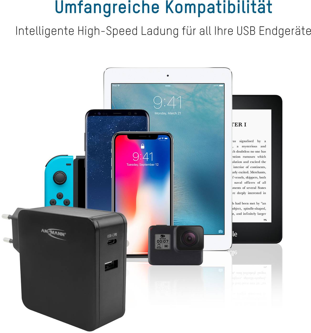 Een oplader van ANSMANN met USB-aansluiting naast een tablet, smartphone, camera en e-reader, benadrukt alomvattende compatibiliteit.