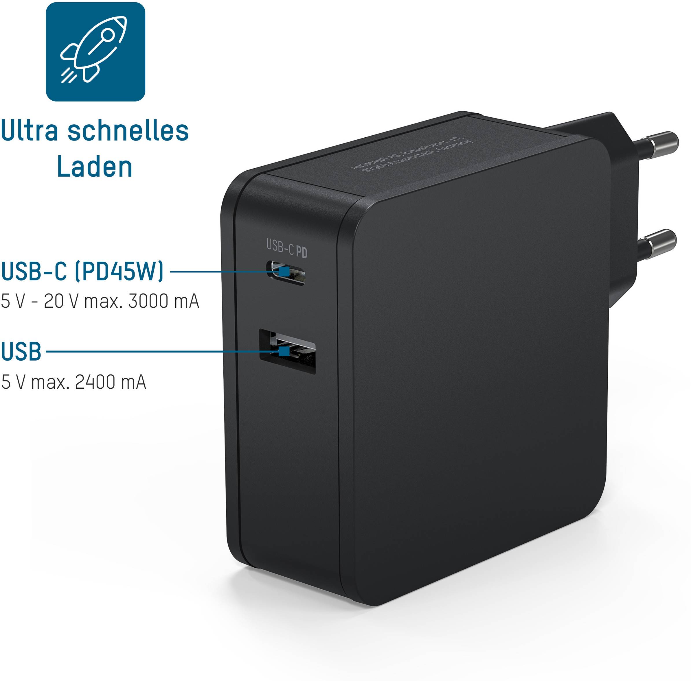 Zwart laadstation met twee aansluitingen: USB-C (5V–20V max. 3000mA) en USB (5V max. 2400mA). Tekst 'Ultra snel opladen'.