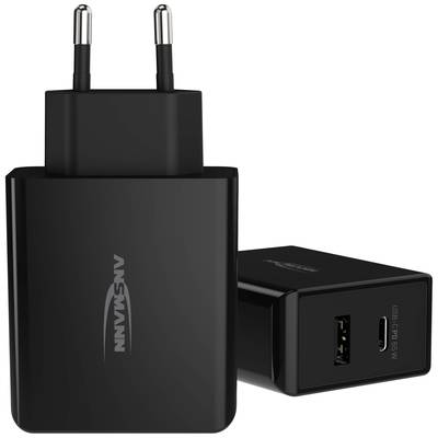 Zwart USB-oplader met twee stekkers en USB-A-uitgangspoort, geschikt voor het opladen van elektronische apparaten. Merknaam op de voorkant.