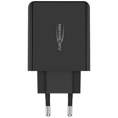 Zwart, rechthoekig USB-wandlaadapparaat met twee Europese stekkercontacten en 'Ansmann'-logo op de voorkant.