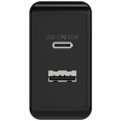 Zwart laadstation met een USB-C- en een USB-A-poort. USB-C ondersteunt 'PD 65W'.