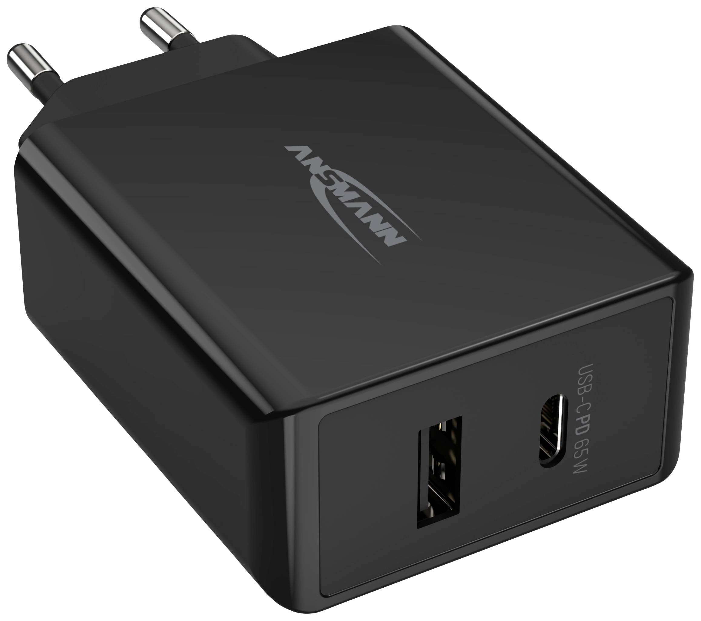 Zwart USB-voedingsadapter met één USB-A- en één USB-C-aansluiting, geschikt voor 65W vermogen.