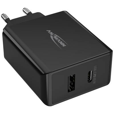 Zwart USB-voedingsadapter met één USB-A- en één USB-C-aansluiting, geschikt voor 65W vermogen.