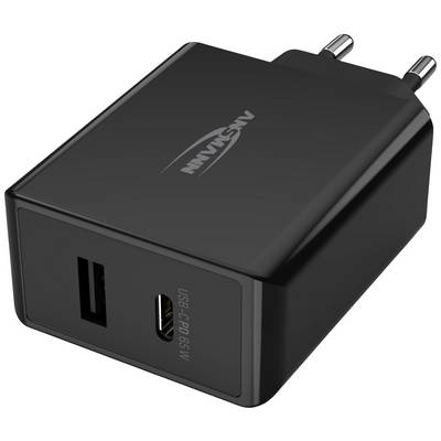 Zwart USB-oplader met twee aansluitingen, USB-A en USB-C. Geschikt voor het opladen van verschillende elektronische apparaten.