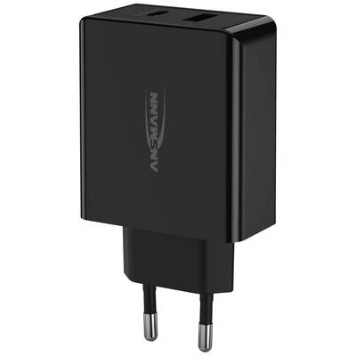 Zwart USB-oplader met twee aansluitingen en EU-stekker, geschikt voor het opladen van elektronische apparaten.