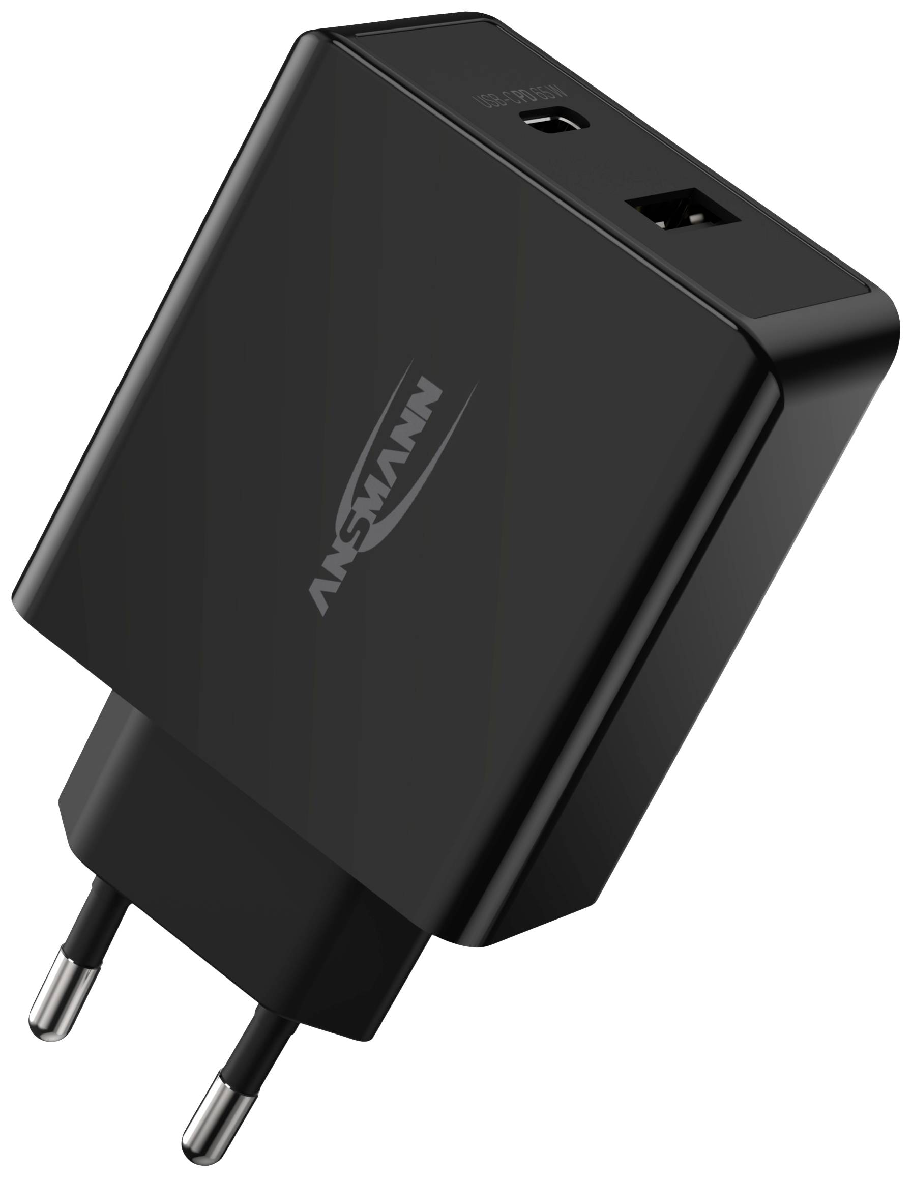 Zwart USB-voedingsadapter met twee USB-poorten, geschikt voor het opladen van elektronische apparaten. Europese stopcontactadapter.