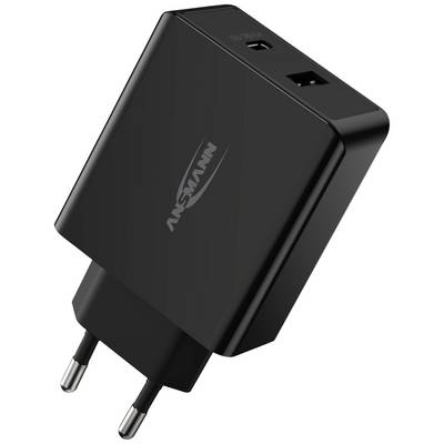 Zwart USB-voedingsadapter met twee USB-poorten, geschikt voor het opladen van elektronische apparaten. Europese stopcontactadapter.