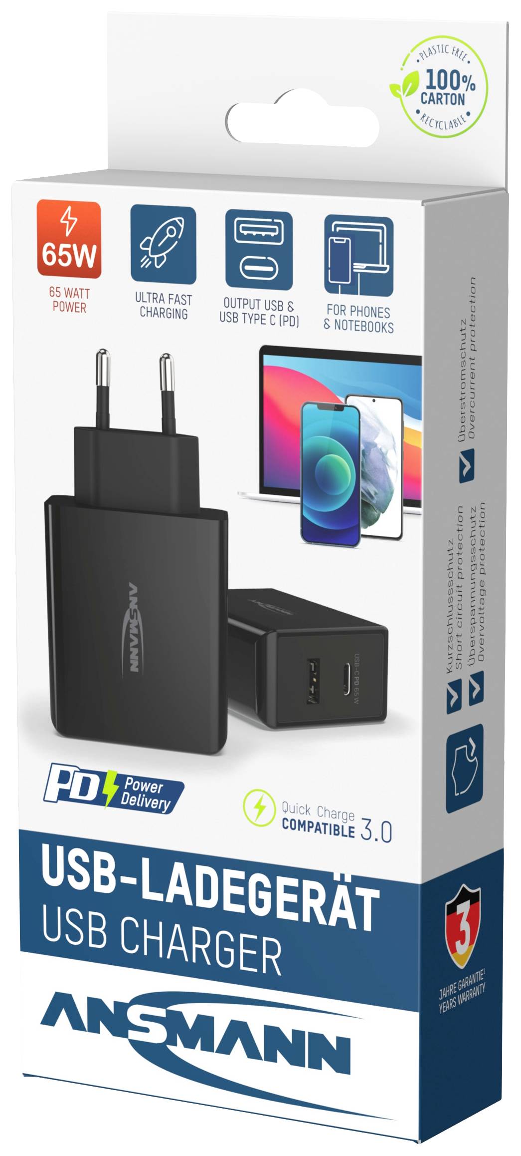 Doos van een Ansmann USB-oplader, 65W Power Delivery, compatibel met Quick Charge 3.0, geschikt voor telefoons en laptops.