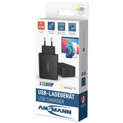Doos van een Ansmann USB-oplader, 65W Power Delivery, compatibel met Quick Charge 3.0, geschikt voor telefoons en laptops.