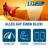 Man in heldhaftig kostuum met 'Power Delivery'-logo kijkt uit over de stad. Tekst: 'Alles in één oogopslag! Sneller, Sterker, Compatibeler'. Symbolen voor snelheid, kracht, compatibiliteit.