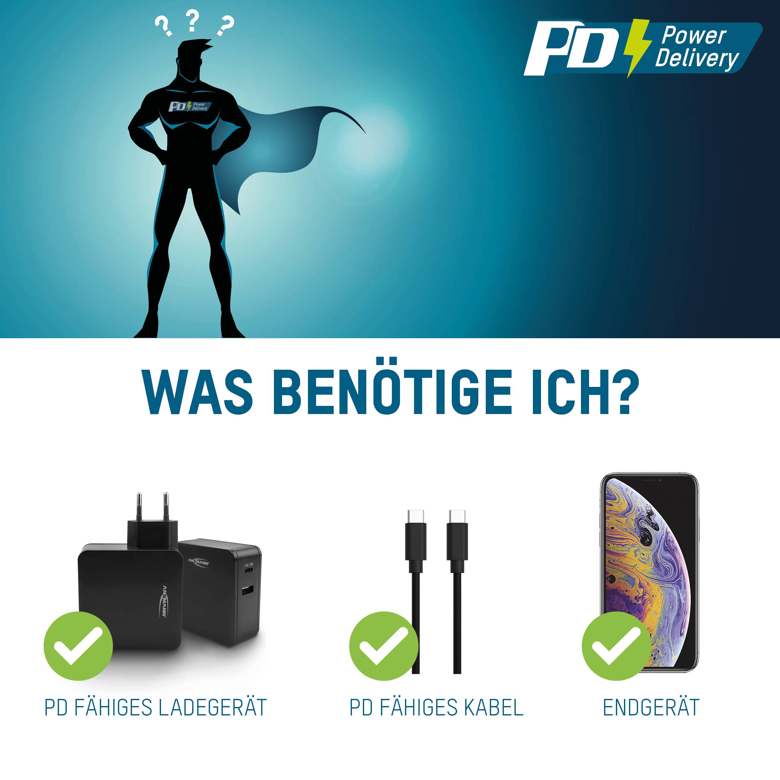 'Wat heb ik nodig?' Contrastrijk beeld met superheld dat de uitrusting voor Power Delivery weergeeft: oplader, kabel, eindapparaat.