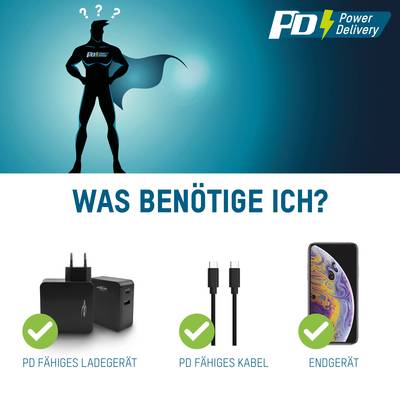 'Wat heb ik nodig?' Contrastrijk beeld met superheld dat de uitrusting voor Power Delivery weergeeft: oplader, kabel, eindapparaat.