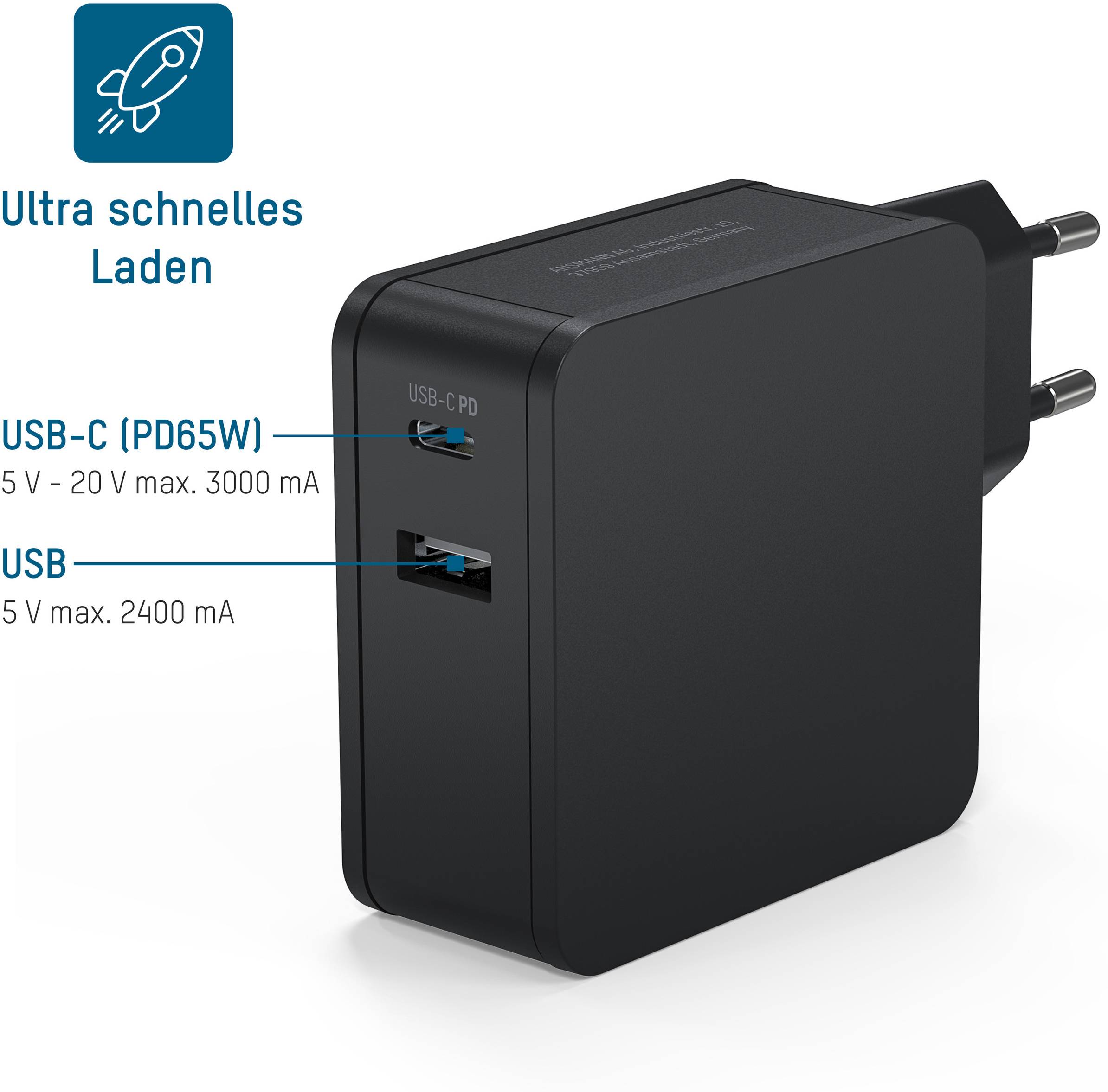 Een zwarte oplader met twee aansluitingen: USB-C (PD65W) met 5V-20V max. 3000 mA en USB met 5V max. 2400 mA. Tekst: 'Ultra snel opladen'.