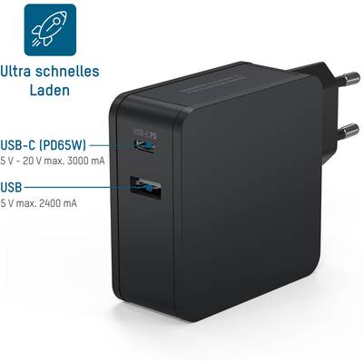 Een zwarte oplader met twee aansluitingen: USB-C (PD65W) met 5V-20V max. 3000 mA en USB met 5V max. 2400 mA. Tekst: 'Ultra snel opladen'.