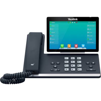 Een modern, zwart telefoontoestel met een groot kleuren display, toetsenblok, hoorn en spiraalvormige kabel. Het display toont verschillende apps en symbolen.