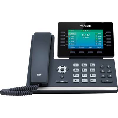 Kantoortelefoon met display en toetsenbord. Het scherm toont een contactlijst en de tijd. Links bevindt zich de hoorn.