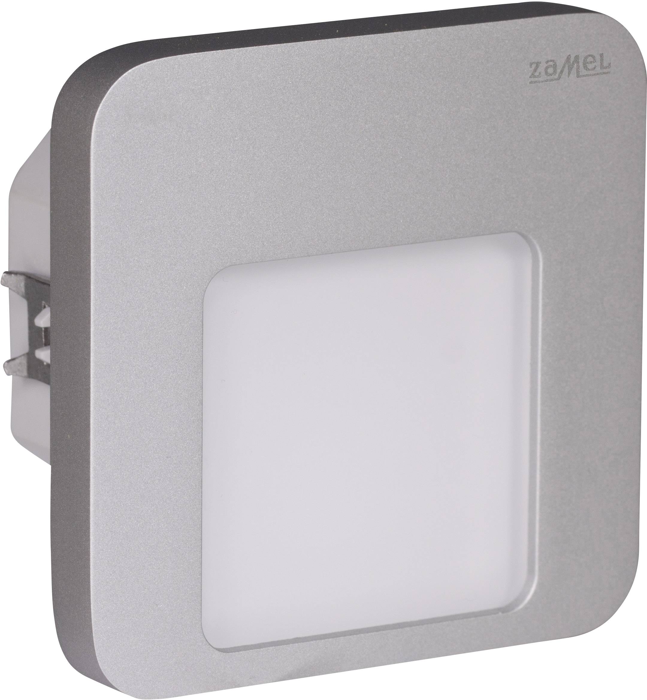 Een vierkante LED-nachtlamp met een zilveren omlijsting en een wit verlichtingsveld. Op de achtergrond is de merknaam zichtbaar.