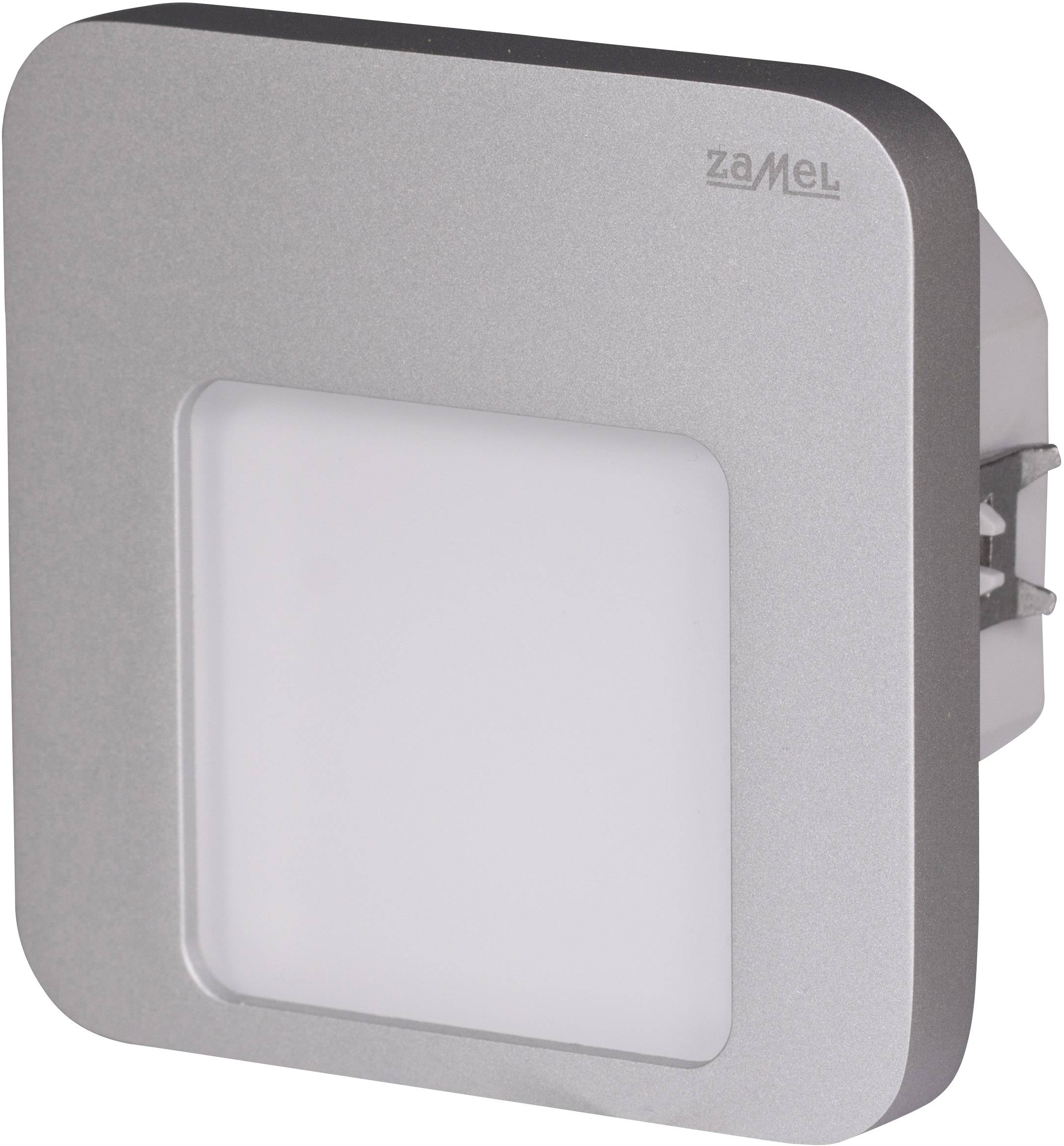 Een vierkante LED-lamp van Zamel met zilveren omranding en wit lichtoppervlak, geschikt voor wandinbouw.