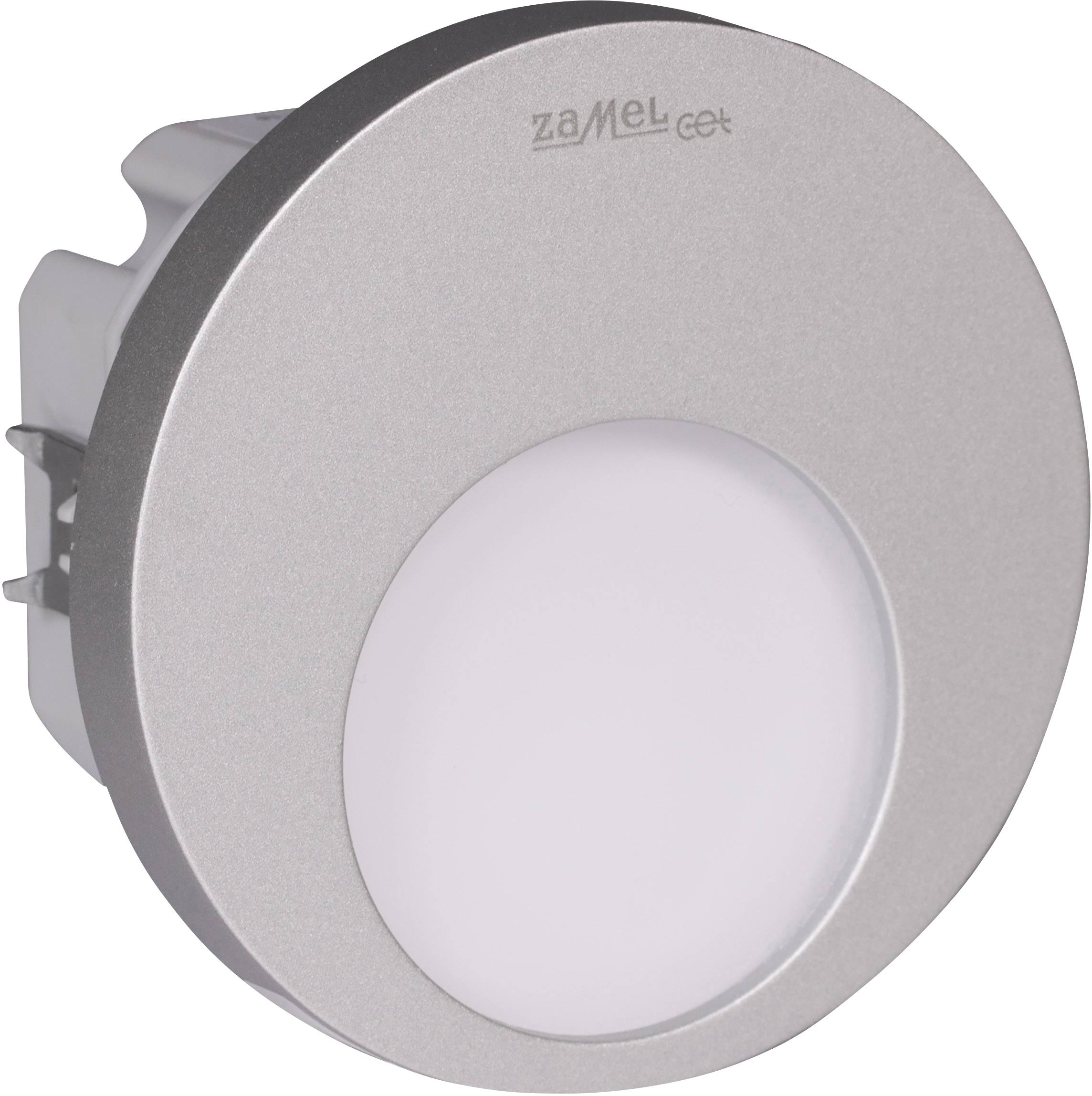Ronde LED-inbouwspot in zilveren behuizing, geschikt voor wand- of plafondinbouw in binnenruimtes.