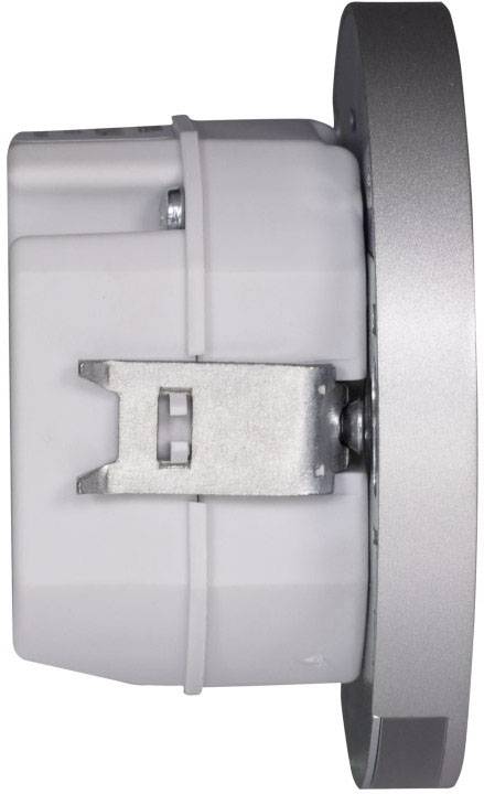 Een zijaanzicht van een rond, zilver- en witkleurig elektronisch apparaat met een metalen klem om aan een muur te bevestigen.