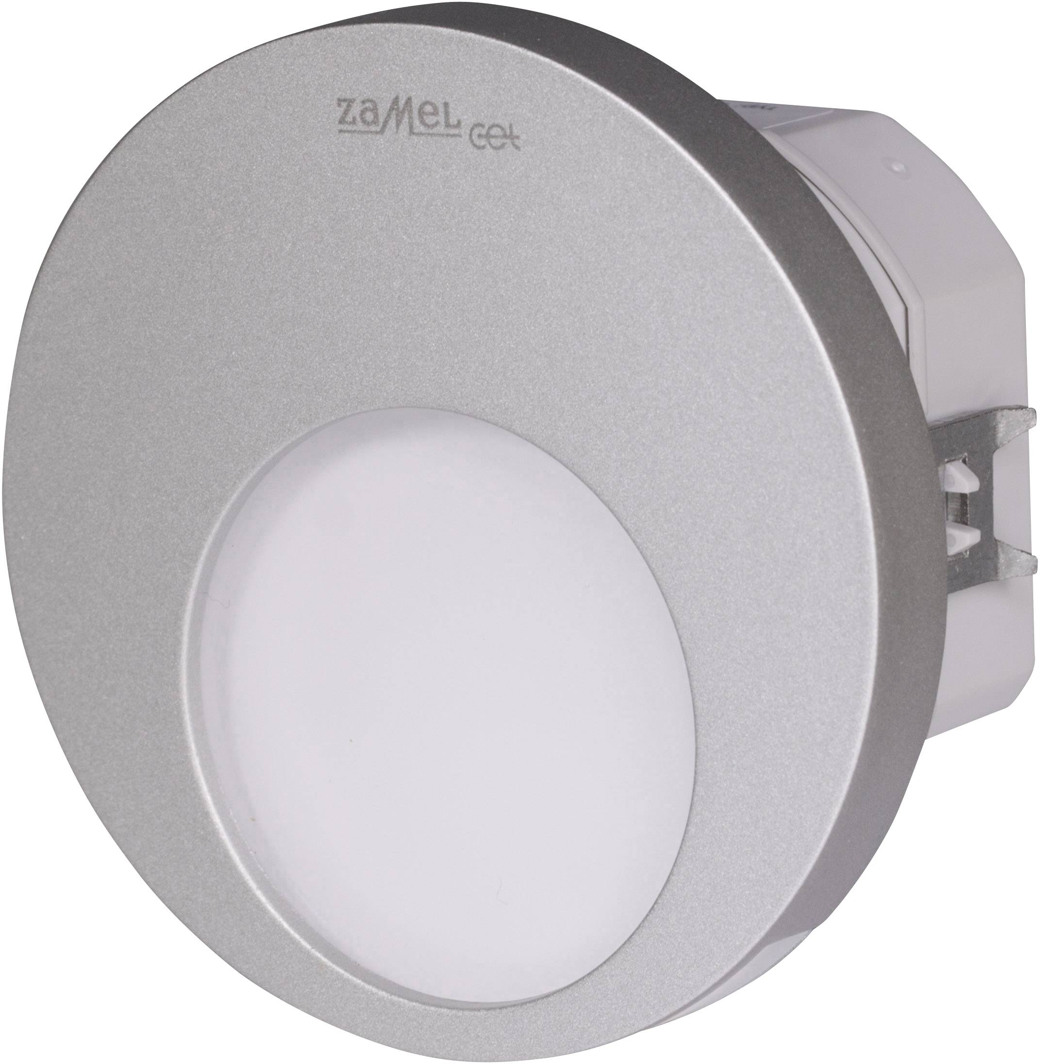 'Ronde, zilveren LED-lamp van Zamel CET met een witte, centrale lichtzone en een zilveren buitenring.'