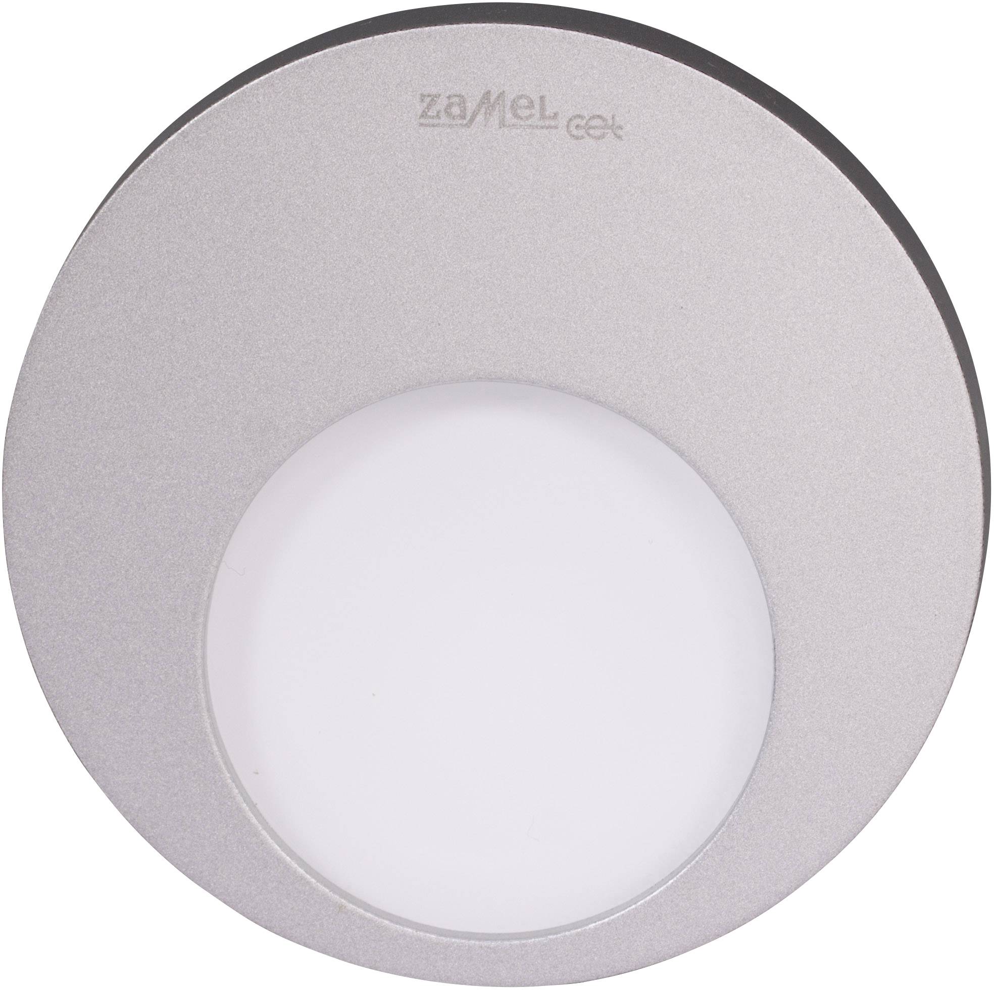 Ronde, zilveren LED-lamp met licht verhoogde rand en centrale, matte witte lichtdiffuser.