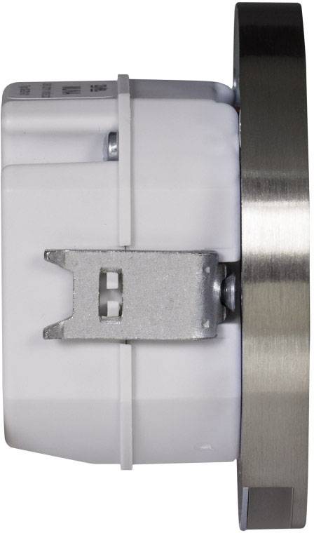 Een rond bewegingsdetectiesysteem met metalen rand, gezien vanuit de zijkant. De detector is gemonteerd op een witte muur.