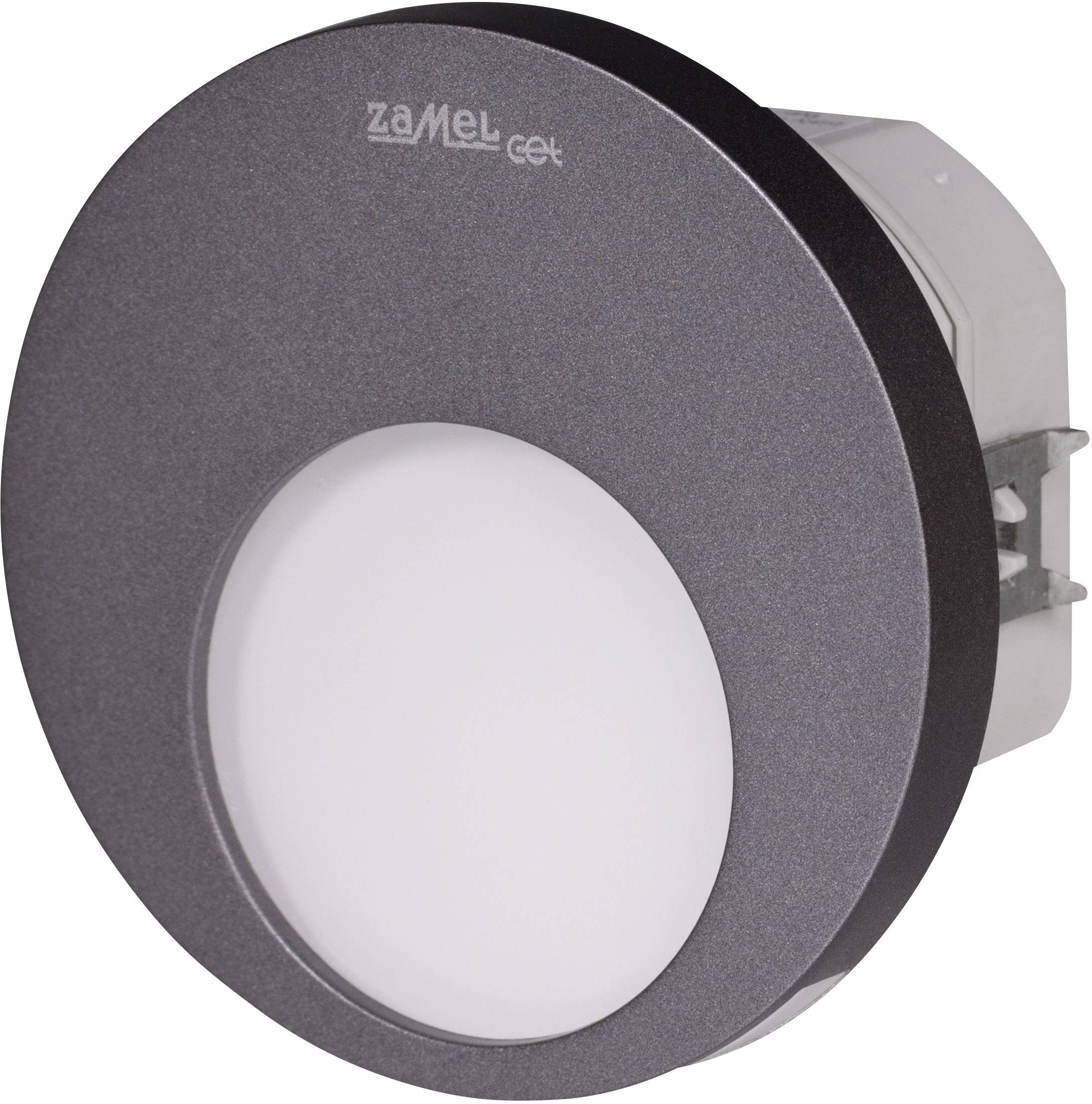 Ronde, grijze LED-wandlamp met centrale witte lichtoppervlak, merknaam 'Zamel' bovenaan zichtbaar.