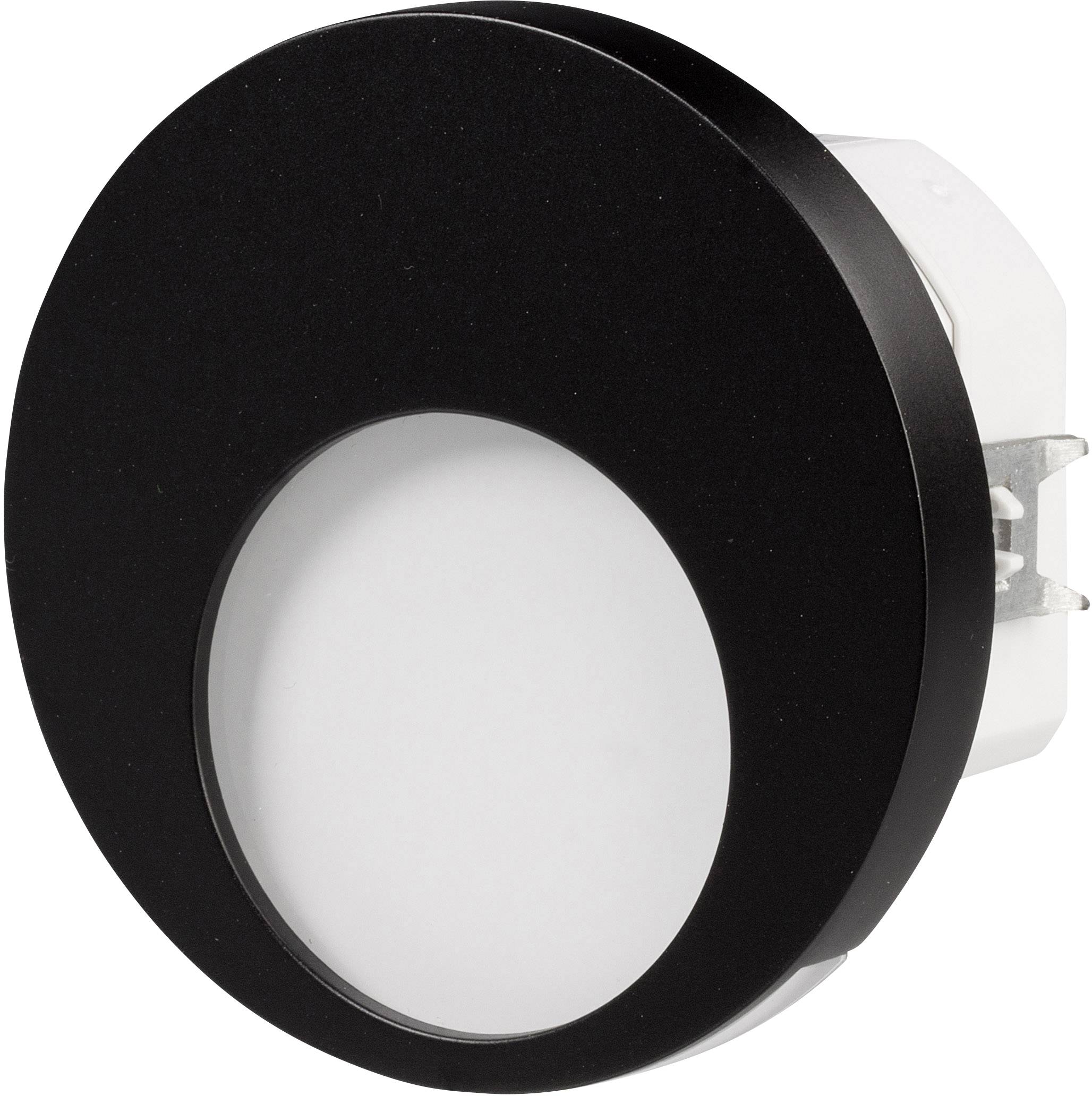 Zwarte ronde LED-lamp voor binnenverlichting; minimalistisch ontwerp, geschikt voor moderne leefruimtes.