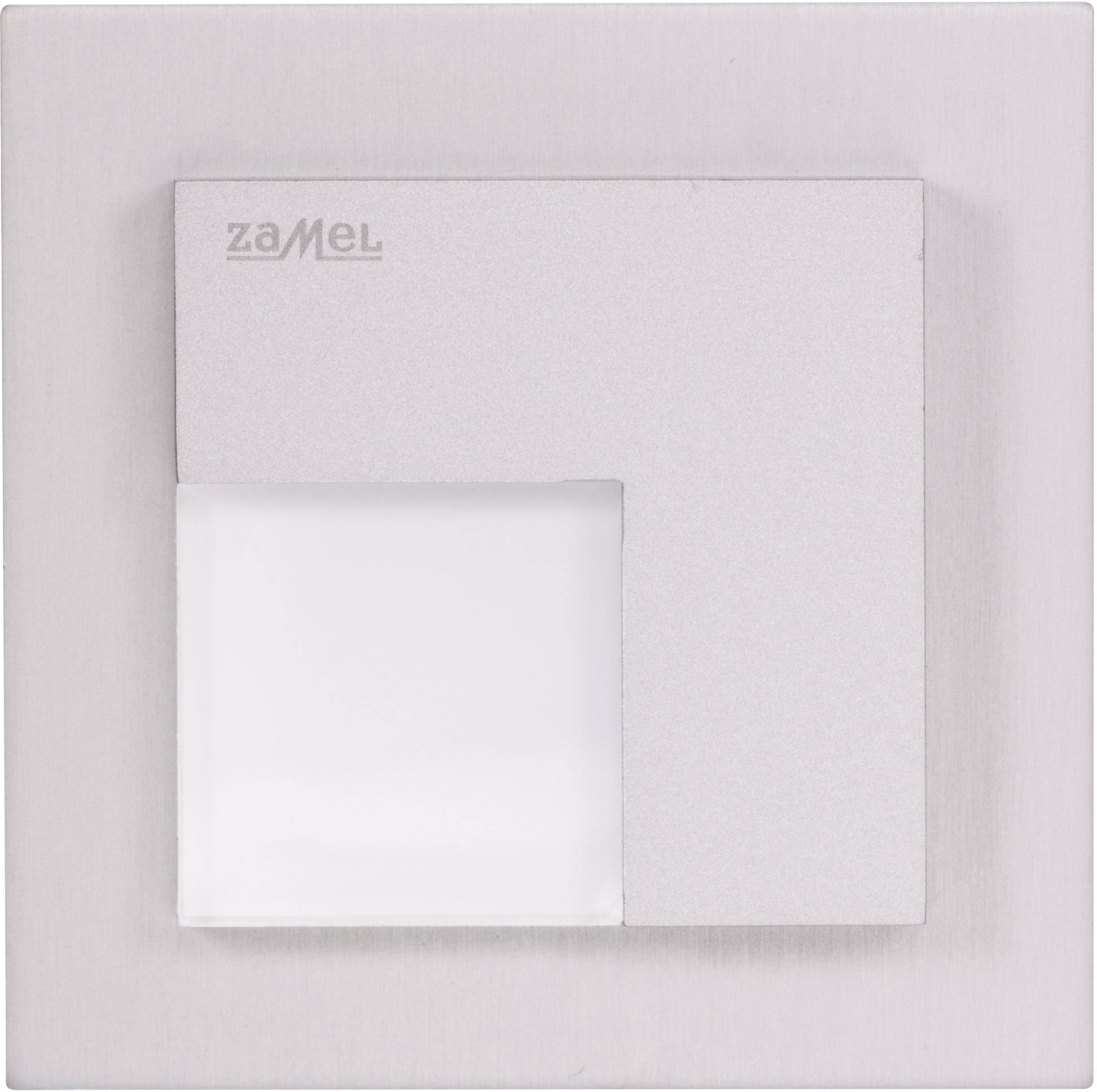 Een rechthoekig LED-wandlicht in minimalistisch design met een wit lichtoppervlak op een zilveren achtergrond.