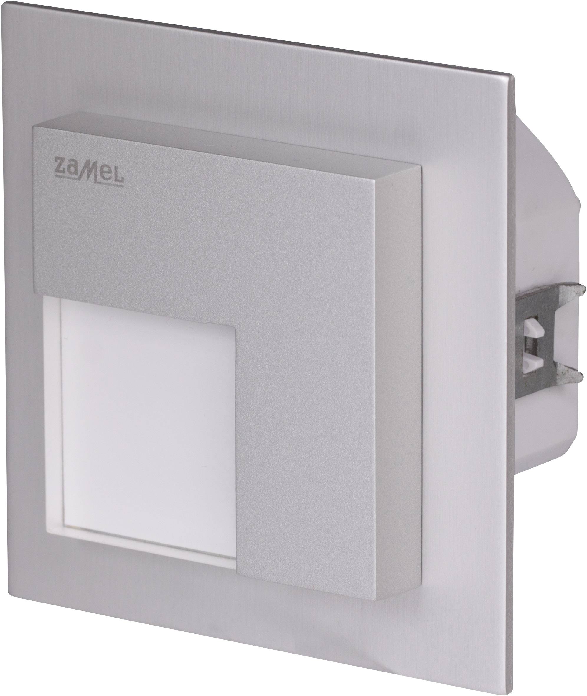 Zilveren LED-wandinbouwlamp met vierkant design. Geschikt voor subtiele verlichting van binnenruimtes.
